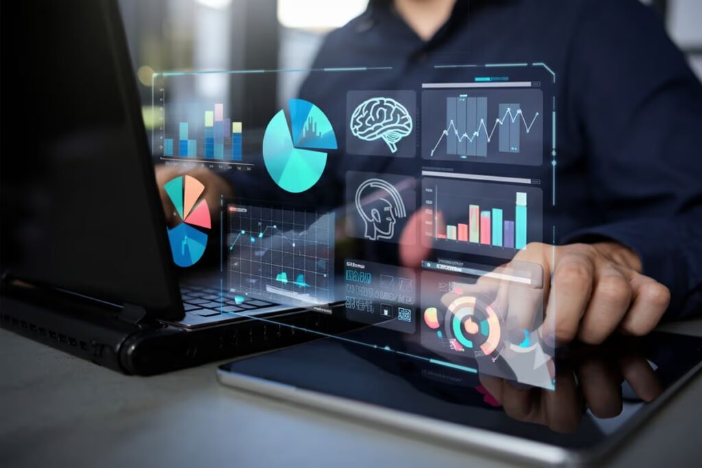 Business professional analyzing interactive digital dashboards with graphs and charts on a laptop and tablet, demonstrating the power of predictive analytics in forecasting trends and optimizing data-driven decision-making.