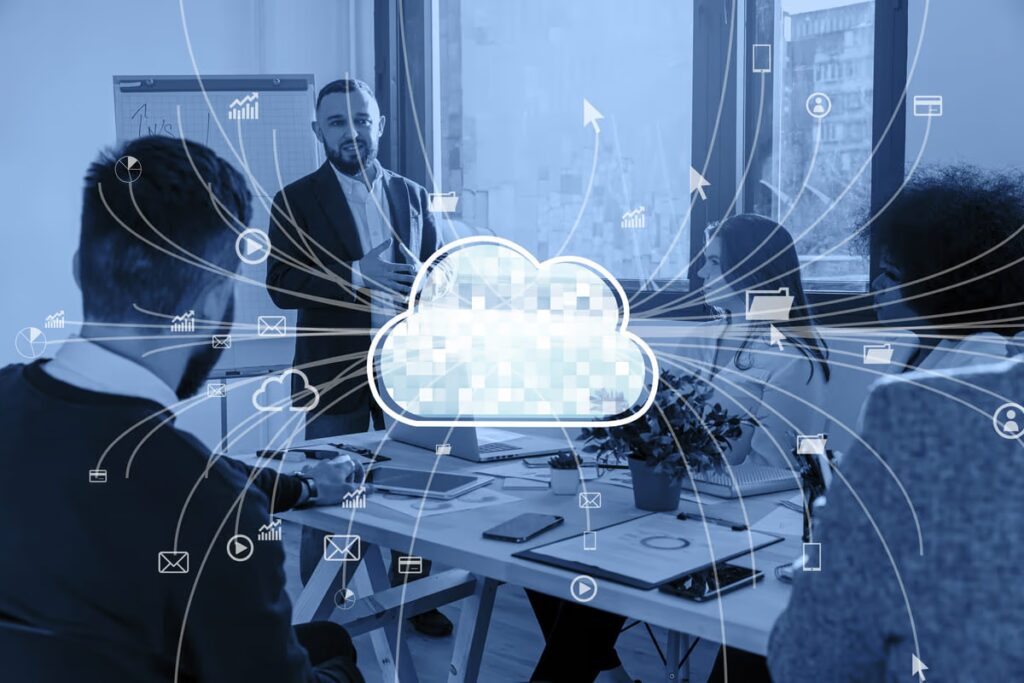 A team of business professionals in a meeting, with a large cloud computing icon overlaid in the center. The scene represents a strategic discussion about cloud governance, with lines and icons illustrating the policies and controls for managing data, applications, and security in a cloud environment.