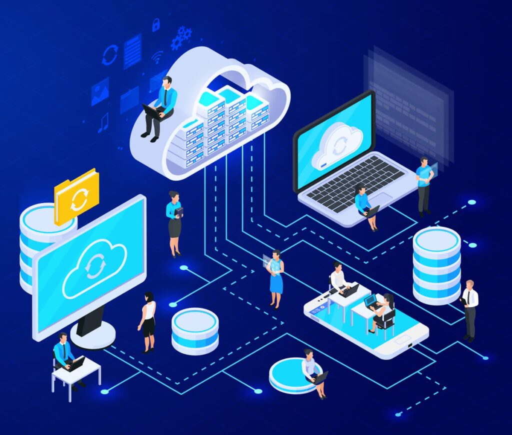 Illustration of professionals connected through cloud infrastructure, servers, and devices, representing teamwork, data storage, and digital collaboration in cloud managed services.