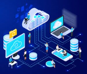 Illustration of professionals connected through cloud infrastructure, servers, and devices, representing teamwork, data storage, and digital collaboration in cloud managed services.
