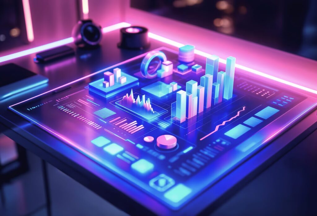 A futuristic digital dashboard on a tablet displays glowing 3D data visualizations, including bar graphs and charts, in neon pink and blue. This represents advanced analytics and highlights the importance of data scalability in managing and interpreting large, complex datasets.