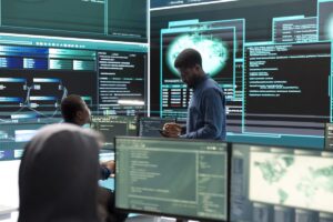 A team of technology specialists works in a control room with multiple screens displaying code and data. The scene illustrates the implementation of the DevSecOps methodology, which integrates security into all phases of the software development lifecycle to create more secure and resilient systems.
