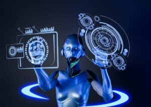 A futuristic humanoid robot interacting with holographic data visualizations and user interfaces. This image visually represents the concept of what is agentic AI, showcasing an autonomous system capable of processing complex information and making decisions to achieve goals.