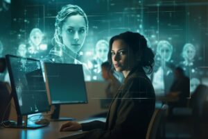 A professional woman sits at her desk in a futuristic contact center, with holographic interfaces displaying customer data and profiles around her. The image illustrates the future of customer service, powered by AI and advanced analytics for a sophisticated operational overview.