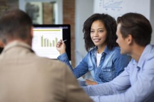 A team of professionals collaborates in a meeting, with a woman pointing to a bar chart on a computer screen to explain insights derived from Salesforce CRM Analytics.