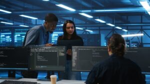 A diverse team of software engineers collaborates in a high-tech data center, working on code across multiple monitors. This scene illustrates the core concepts of what is DevOps engineering, showing the integration of development and operations in practice.