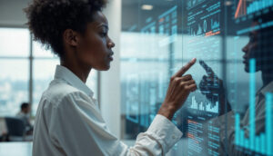 A Black woman in a white shirt touches a transparent screen displaying complex data visualizations, demonstrating active Data Lifecycle Management in a modern office.