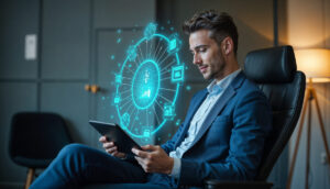 Man in a blue suit uses a tablet projecting a holographic ring of insurance icons, representing the innovation of insurtech.