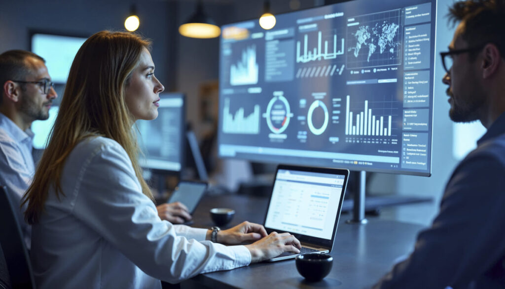 Professionals in a modern office analyzing complex data visualizations on large screens, representing a decentralized Data Mesh Architecture system.