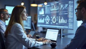 Professionals in a modern office analyzing complex data visualizations on large screens, representing a decentralized Data Mesh Architecture system.