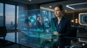 Professional executive interacting with a futuristic AI Governance Framework dashboard in a regulated industry setting.