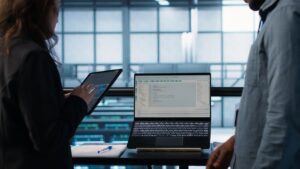 Professionals analyzing system interfaces on a laptop and tablet in a tech environment, illustrating the technical process of platform implementation.