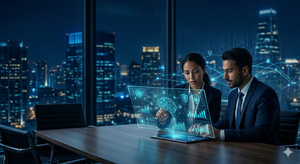 Professionals in a modern office analyzing a digital holographic interface with AI automation banking data, including fraud detection, financial charts, and neural networks in dark blue tones.