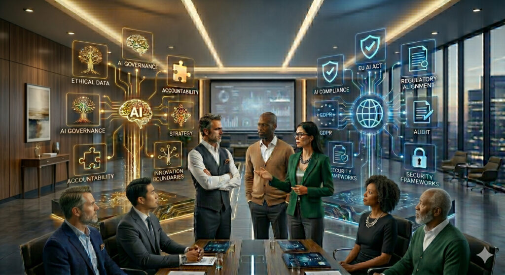 Diverse enterprise leaders in a modern boardroom discussing AI governance vs AI compliance with holographic strategic frameworks.