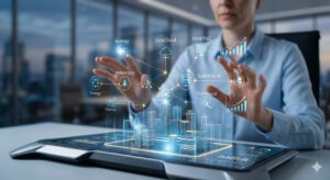 Professional executing an AI Transformation Roadmap using a holographic digital interface for enterprise scalability.
