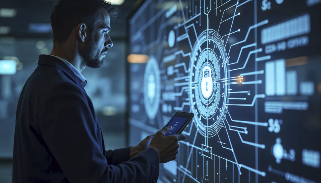 Man holding a smartphone looks at a digital screen with a padlock icon for AI assurance.